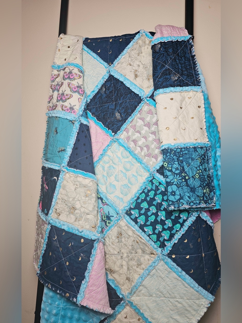 Handmade Mushroom Owl Rag Quilt: Firefly Baby Crib Blanket Ruby Star Society